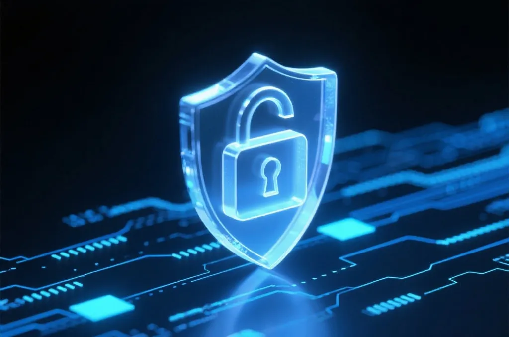 A holographic lock and shield icon over a secure digital data stream, symbolizing data integrity and security, high-tech design